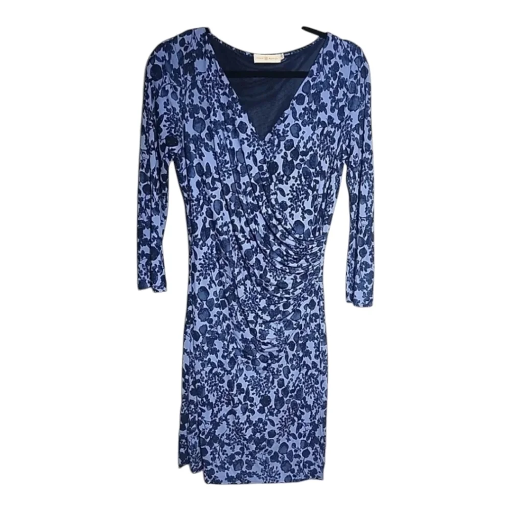 Tory Burch Blue Floral Ruched Dress Size S V-Neck 3/4 Sleeve Designer